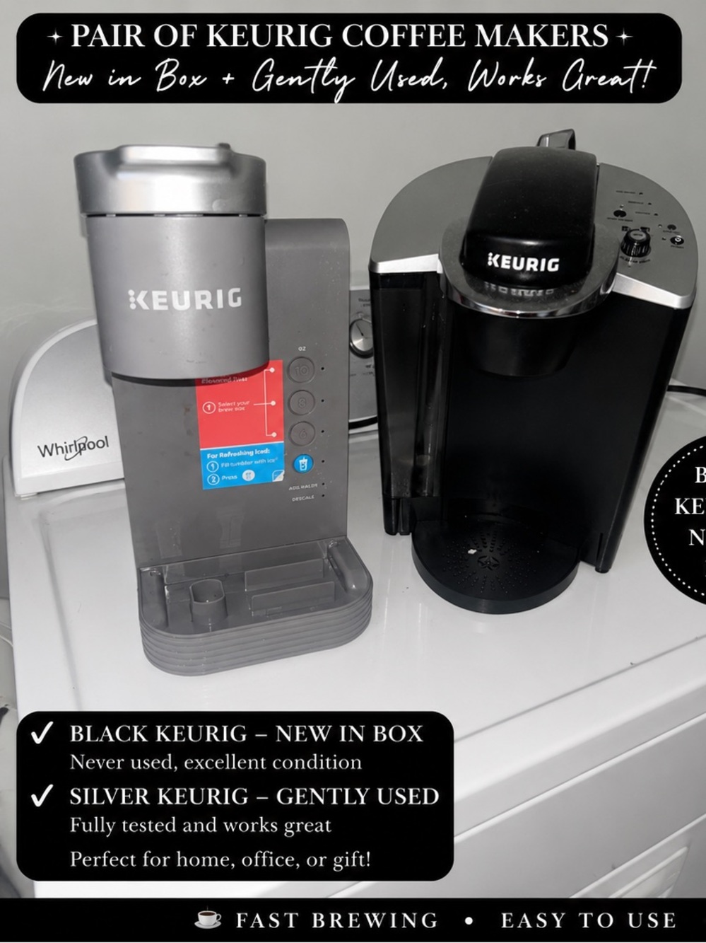 TWO PIECE SET NEW WT TAGS KEURIG Black &Silver PRELOVED Single-Serve Coffee Make